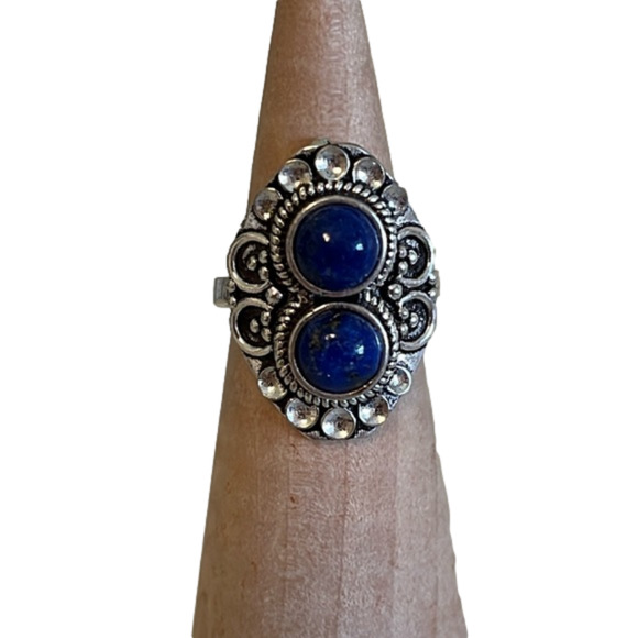 Hand Crafted Jewelry - DOUBLE GEMSTONE RING SILVER OVERLAY LAPIS LAZULI SIZE 7.25